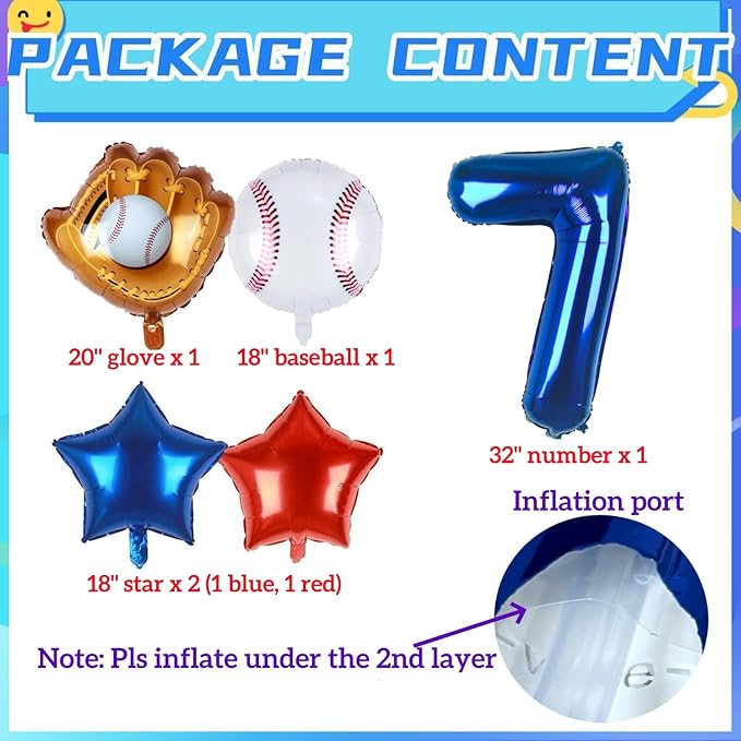 Baseball Balloons 7th Birthday Decorations for Boys | Baseball Birthday Decoration Sports Theme Party Supplies, 32Inch Foil Mylar Number 7 Balloon Navy Blue Red White Sports Balloon Arch Kits