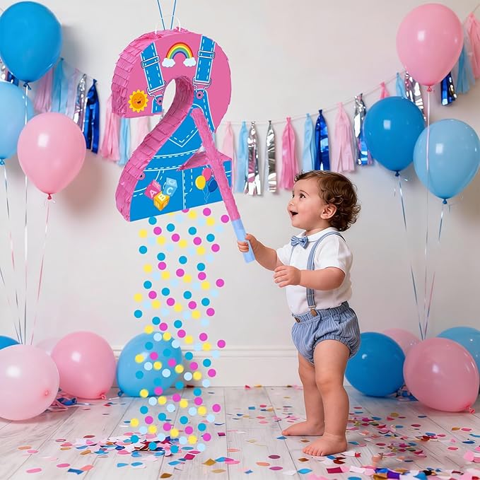 Pink Party Decorations,15.7‘’ Pink Number 2 Pinata with Stick Blindfold Confetti for Girls Boys 2nd Anniversary Party Decorations & Supplies (2nd)