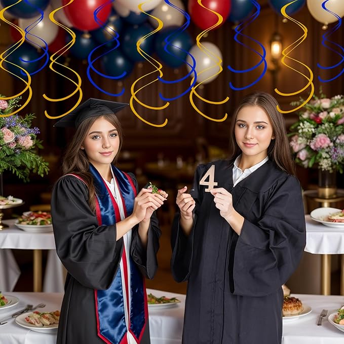 Ceiling Swirl Foil Decorations Hanging Plastic Streamer Themed Swirl Party for Graduation Celebration, Pack of 28 (Blue and Gold)