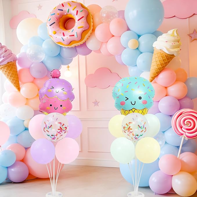Ice Cream Party Balloons Stand for Table 2 Sets with 2 Ice Cream Foil Balloons 14 Pastel Latex Balloons for Sweet One Birthday Girl Baby Shower Party Decorations