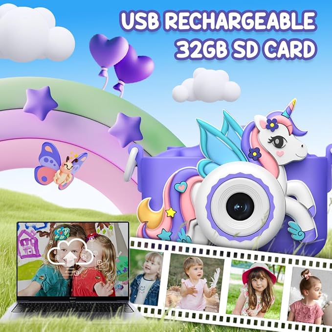 Wembley Kids Camera for Boys & Girls 3–8 Years | Digital Camera for Kids 1080P Selfie Video | Toddler Unicorn Camera Rechargeable with Games | 32GB Card | Silicone Cover | Birthday Gift - Purple