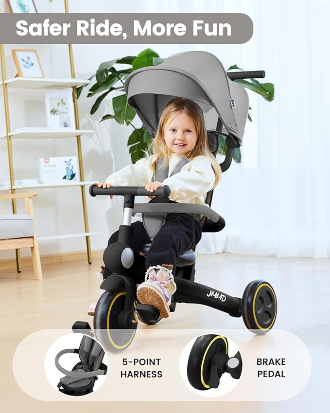 JMMD Baby Tricycle, 7-in-1 Multifunctional Kids Trike with Adjustable Parent Handle, Safety Harness & Wheel Brakes, Removable Canopy, Stroll Trike for Boys & Girls Ages 18 Months-5 Years, Black