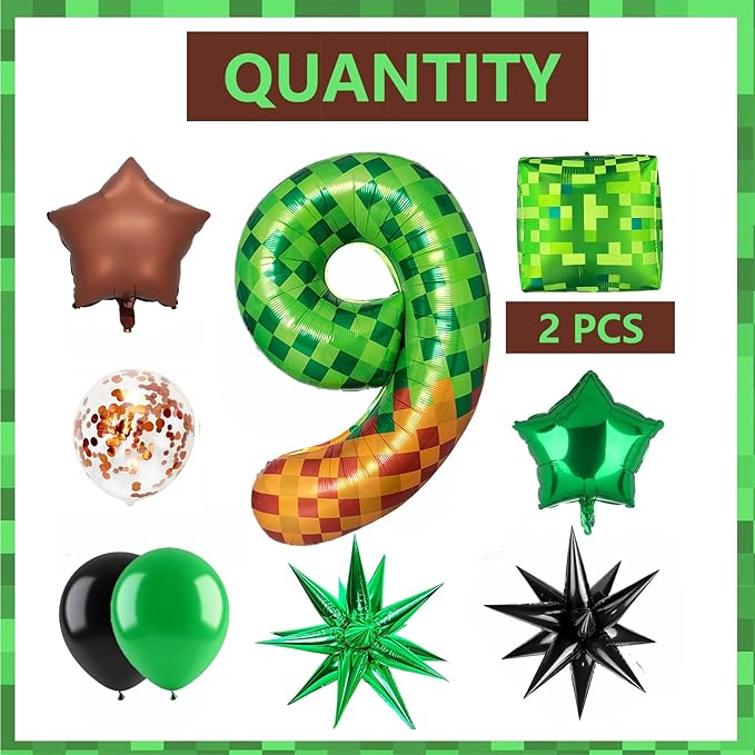 Green Pixel Miner Number 9 Foil Balloon Set 40 Inch Large Mylar Mining Theme Brown 9th Number Balloons Pixel Cubes Boxes Video Game Birthday Party Decorations 10Pcs