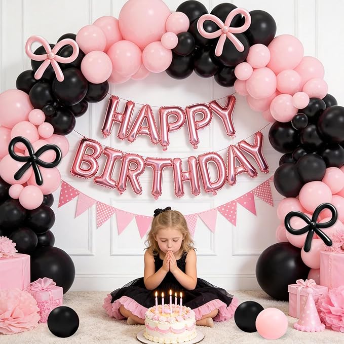 125 Pcs Black and Pink Balloon Garland Arch Kit Include 18in 10in 5in Pink Black Bow Balloons for Pink Bow Birthday Baby Shower Gender Reavel Wedding Party Decorations