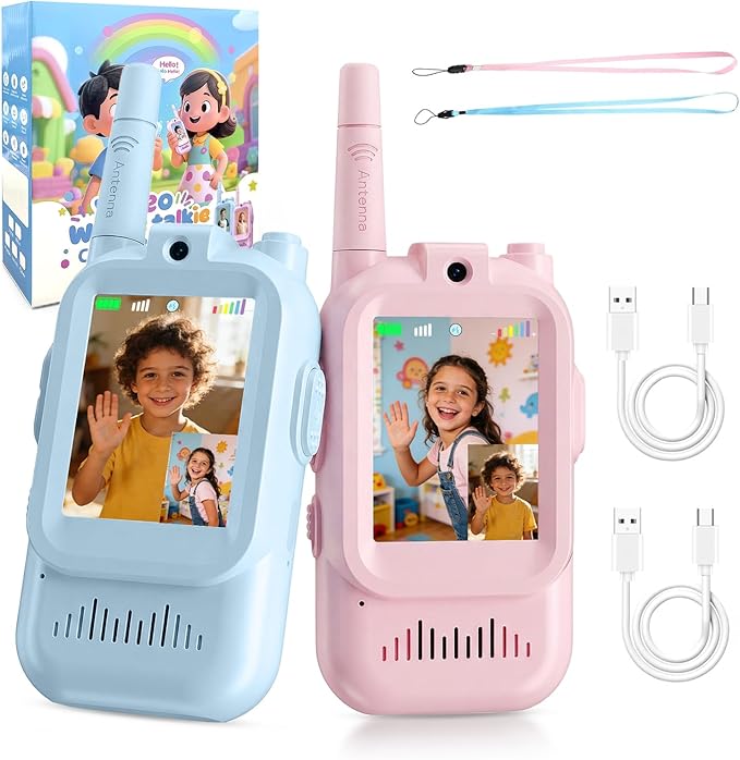 Video Walkie Talkies for Kids,with Long-Distance Transmission and High-Definition Display,Suitable As Gifts for Boys and Girls Aged 3-12,Perfect for Family Games (Pink + Blue)