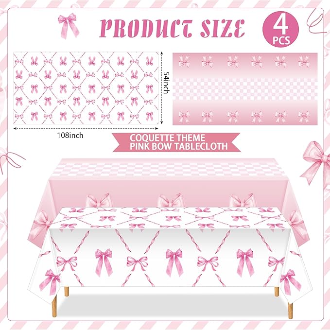 Zhehao 4 Pcs Pink Ribbon Tablecloth 54 x 108'' Coquette Table Cover Pink Bow Birthday Decorations Plastic Disposable Table Cloth for Girls Women Party Supplies