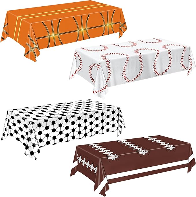 Oigco 4 Pack Sports Tablecloth, 54 x 108 Inch Soccer Baseball Basketball Football Table Covers for Boys Birthday Sports Themed Party Decorations