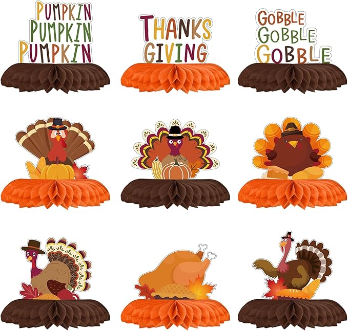 Horaldaily 9PCS Thanksgiving Party Table Decoration Centerpieces, Thanksgiving Autumn Harvest Gobble Turkey Honeycomb Centerpieces Table Toppers for Fall Thanksgiving Themed Birthday Party
