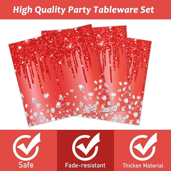 ZOIIWA 96 Pieces Red Birthday Tableware Set for Red Theme Silver Table Decorations Disposable Dessert Plates Napkins Forks for Women 24 Guests Diamonds Glitter Valentine's Day Birthday Party Supplies