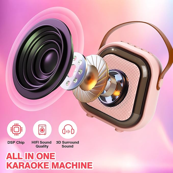 Mini Karaoke Machine for Kids, Karaoke Speaker with LED Lights, Portable Bluetooth Entertainment System with 2 Microphones, Dynamic Color-Changing Effects for Kids (Pink+2 Mic)