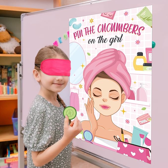 Hxezoc Spa Party Games Pin The Cucumbers on The Girl With 42 Pcs Cucumber Stickers, Large Spa Party Games Poster for Kids Girls Women Spa Birthday Party Carnival Supplies