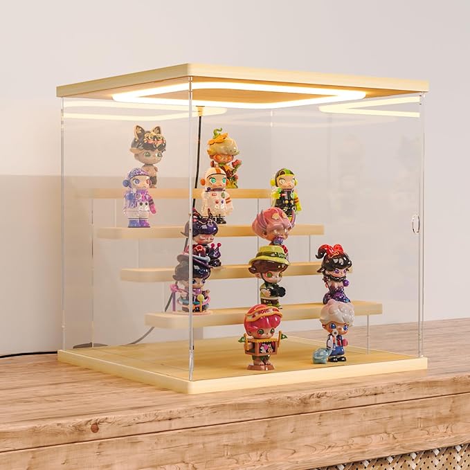 Nynelly Acrylic Lighted Display Case for Collectibles, 5 Tier Figure Display Box with Door and Steps, Assemble Dustproof LED Showcase Storage Box for Mini Figures, Funko Pop, Toys, Wood Color