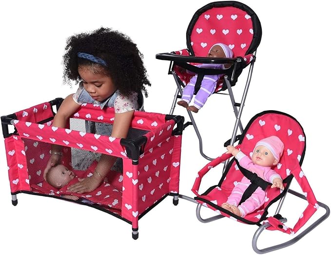 Mega Baby Doll Accessories Set, 3-1 Baby Doll Crib, Baby Doll High Chair & Bouncer Seat. 18 inch Doll Accessories with Doll Bed. 18" Dolls Furniture Play Stuff. Toys for Girls Ages 3-5,4-6,5-7,8-10