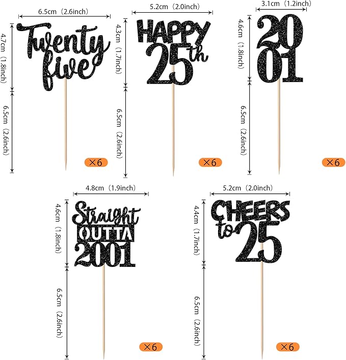 30PCS Black 25th Birthday Cupcake Toppers Glitter Twenty Five Happy 25th Straight Outta 2001 Cupcake Picks for Cheers to 25 Years Birthday Anniversary Party Cake Decorations Supplies