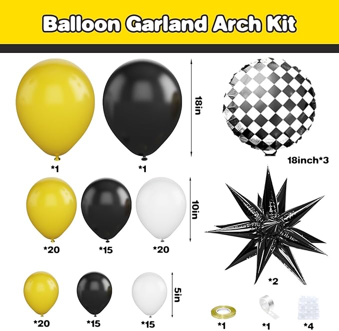 Black White Yellow Balloon Arch Kit,Balloons Garland Kit with Black White Checkered Star Balloons for Boys 1st Birthday Party Decorations