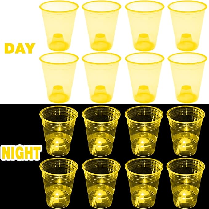 Glow in The Dark Yellow Party Cups 40 Pack (16 oz) - LED Light Up Plastic Cups for Summer BBQs Lemon Themes Birthdays, Neon Bright Drinking Cups for Sports Events Camping & Festival Decorations