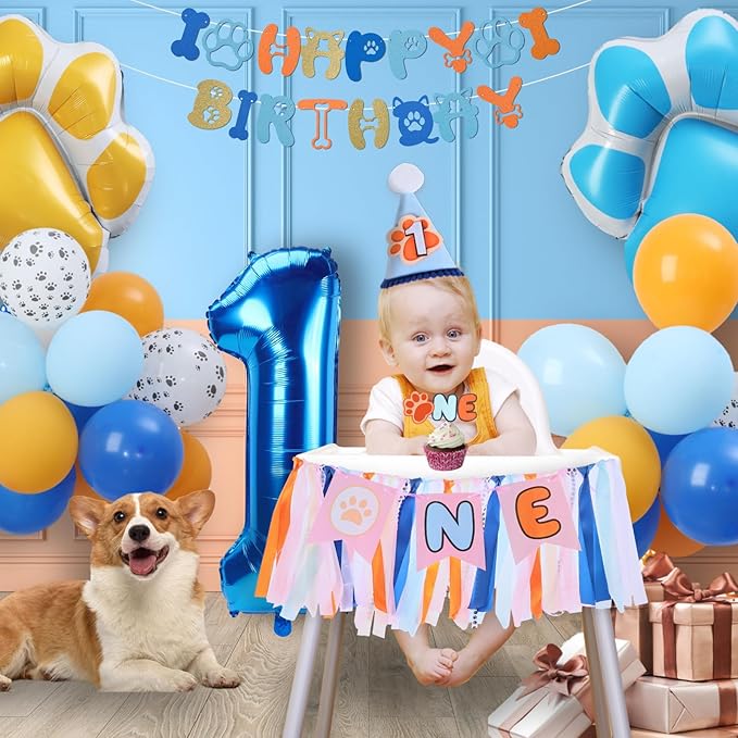 Blue Dog Highchair Banner for First Birthday Party Decorations Orange Navy Blue Dog Paw High Chair Tassel Garland for Boys Baby Shower 1st Birthday Backdrop Decors Puppy One Birthday Photo Props