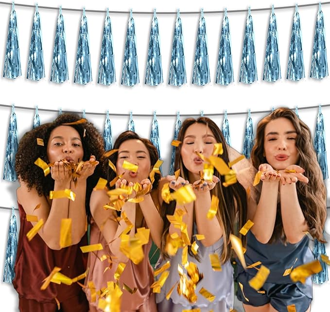 3P Metallic Fringe Tassel Banner Garland Foil Tinsel Streamer Wall Hanging Curtain Backdrop Banner for Parade Floats, Graduation Decorations, Wedding Party Decoration(Light Blue)