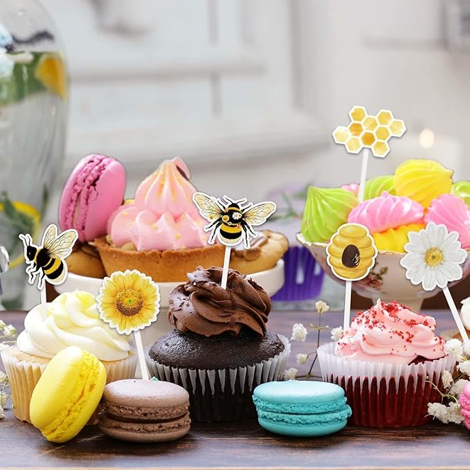WERNNSAI 36 PCS Bee Cupcake Toppers - Bumble Bee Cake Decorations Honeycomb Cake Toppers Sweet Birthday Party Decorations for Kids Birthday Baby Shower Supplies