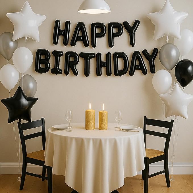 29PC Black Happy Birthday Balloon Banner, 16 Inch 3D Aluminum Letter Banner Sign, Metallic Silver Black White Clear Helium Balloons 18 Inch Star Foil Balloons for Women, Men Party Supply