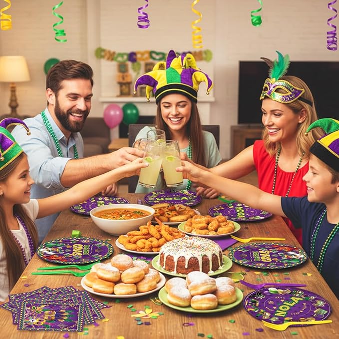 96Pcs Carnival Nola Paper Plates Napkins Forks Carnival Theme Party Decorations Tableware Set Mask Fat Tuesday Party Supplies Serve 24 Guests