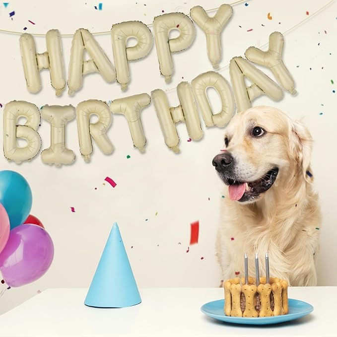 Beige Happy Birthday Balloons Banner 16 Inch Mylar Foil Letters