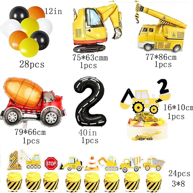 Construction Birthday Party Supplies for 2 Year Old Boy, 2nd Birthday Decorations For Boys, include- Backdrop, Cake, and Cupcake Toppers, Balloons, Cupcakes Wrappers, Banner
