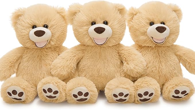 MorisMos 3 Pcs Teddy Bear Stuffed Animals, 13.8 Inch Smiling Teddy Bears Baby Shower Decoration Plush, Gifts for Boys Girls Kids, Nursery, Birthday, Party, Brown, Easter Basket Stuffer Toy