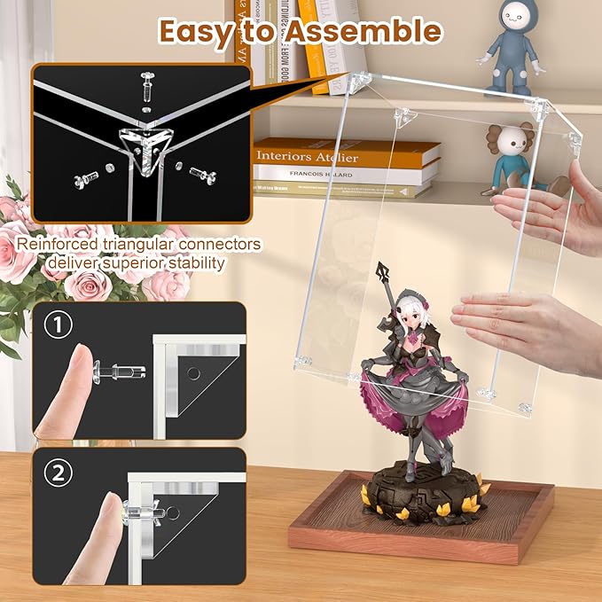 Acrylic Display Case for Collectibles Assemble Clear Acrylic Boxes for Display Lego Action Figures Doll Hobby Toys, Wood, 5.5 x 5.5 x 9.5 inches