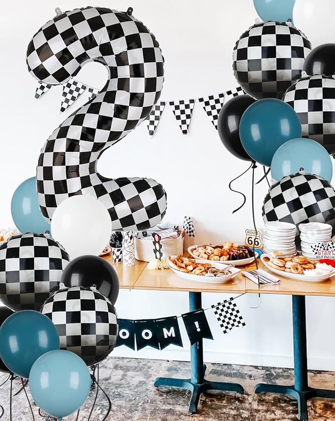 Race Car Balloon Bundle Blue Black 40 Inch Checkered Number Balloon 2 Black and White Race Car Latex Balloon Boy Two Fast Race Car 2nd Birthday Race Car Theme Party Decor Supplies 21 Pcs Kit