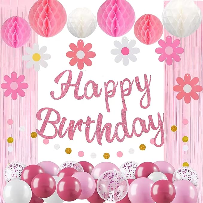 Pre-Strung Pink Birthday Decorations for Women Kits- Birthday Curtain Backdrop, Ballons, Glitter Banner with Honeycomb Balls, Stars Hanging Swirl Streamers, Circle Dots Garland