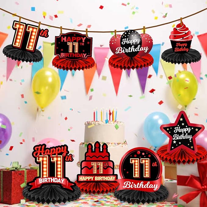 Happy 11th Birthday Red and Black Table Honeycomb Centerpieces Balloons Theme Decor Table Decorations Table Toppers for Girls Women Princess 11 Years Old Birthday Party Bday Supplies Background Gold