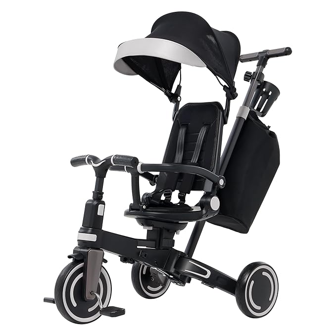 Aneco 9-in-1 Multi-functional Baby Tricycle for Toddlers 10 Months-3 Years with Removable Canopy Rotatable Seat Safety Harness Wheel Brake Adjustable Push Handle Storage Bag Cup Holder, Black and Gray