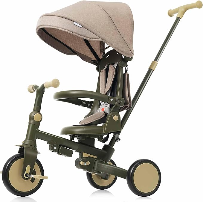 7-in-1 Baby Tricycle with Adjustable Parent Handle - Foldable Toddler Bike w/Removable Canopy & Guardrail, Aluminum Alloy Frame Stroller Bike for 1-6 Years Old (12-72 Months) (Dark Green-1)