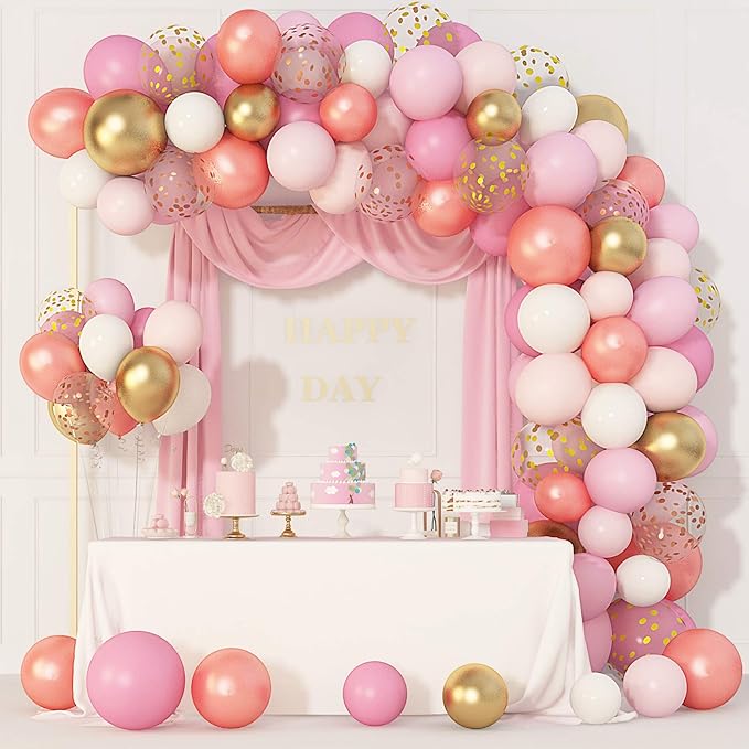 Amandir 164Pcs Rose Gold Pink Balloons Garland Arch Kit Light Pink Gold White Confetti Latex Metallic Balloons for Valentines Day Birthday Decorations Baby Shower Wedding Graduation Party Decorations