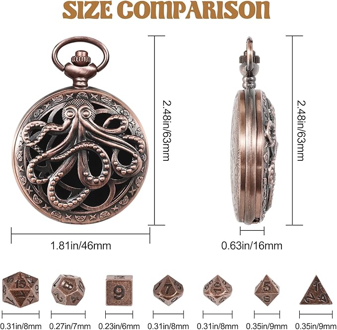 D&D Dice Set,7PCS Metal Dice for Dungeons and Dragons,Mini Dice Set with Pocket Watch Case,Role Playing Board Games Accessories (Octopus, Copper)