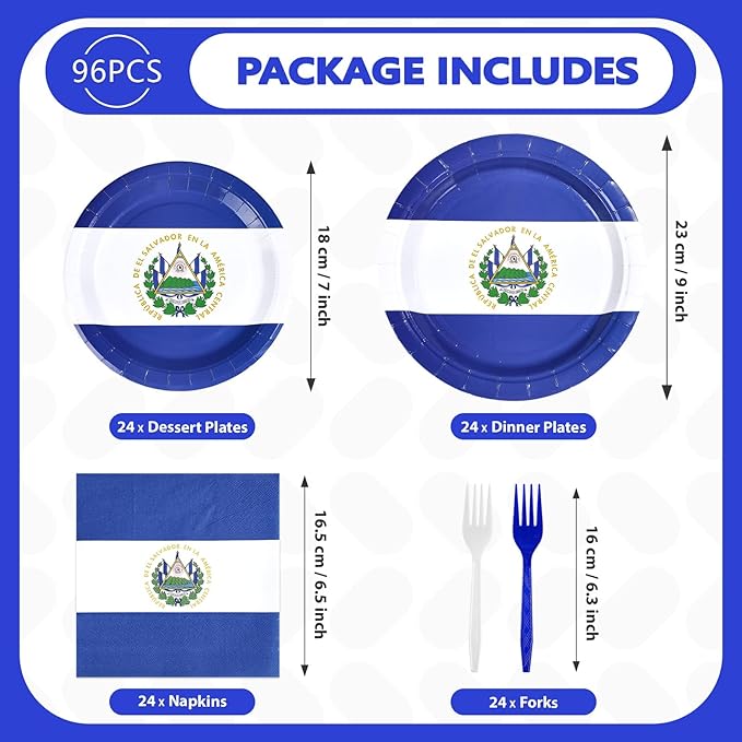 96Pcs El Salvador Flags Party Supplies Salvadoran Flag Plates and Napkins Blue white Flag Tableware Set for National Sports Events Patriotic Festival Birthday Party Supplies，Serves 24