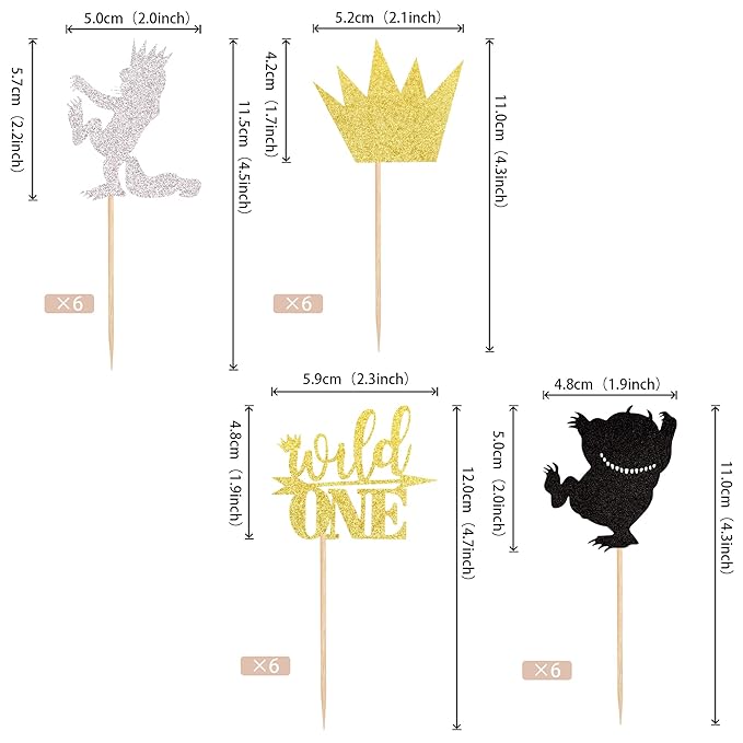 24 PCS Where The Wild Things Are Inspired Cupcake Toppers Glitter Crown Wild One Cupcake Picks Baby Shower Kids 1st Birthday Party Cake Decorations Supplies Colorful