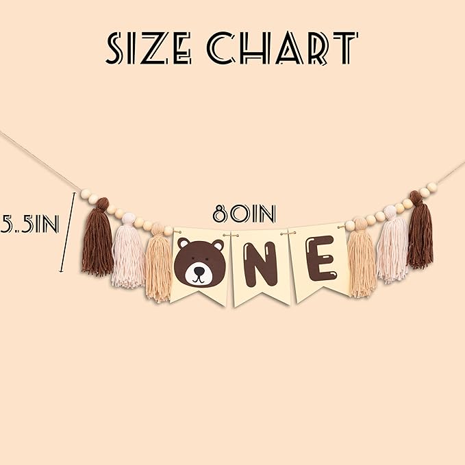 Gostman Bear One High Chair Banner - Beary First Birthday Party Decorations Banner,Happy Camper Party Highchair Banner for 1st Birthday,Camping Themed Party Decor (Bear Tassel Banner)