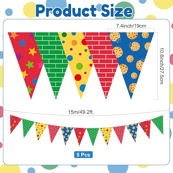 Tiamon 5 Pcs Red Brick Wall Birthday Banner Decoration Yellow Blue and Green Pennant Bunting 49.2 Ft Modern Red Brick Triangle Flag for Boy Cartoon Birthday Carnival Party Decoration