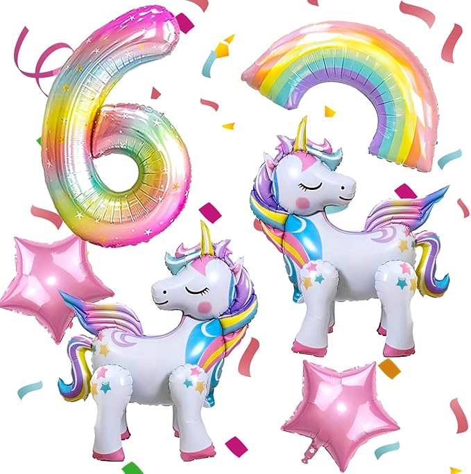 6PCS Self Standing Unicorn Balloons, Unicorn Balloon, Large Rainbow Balloon, Colorful Number 6 and Star Balloons for Girl 6th Birthday Party Decorations Supplies.(6th)