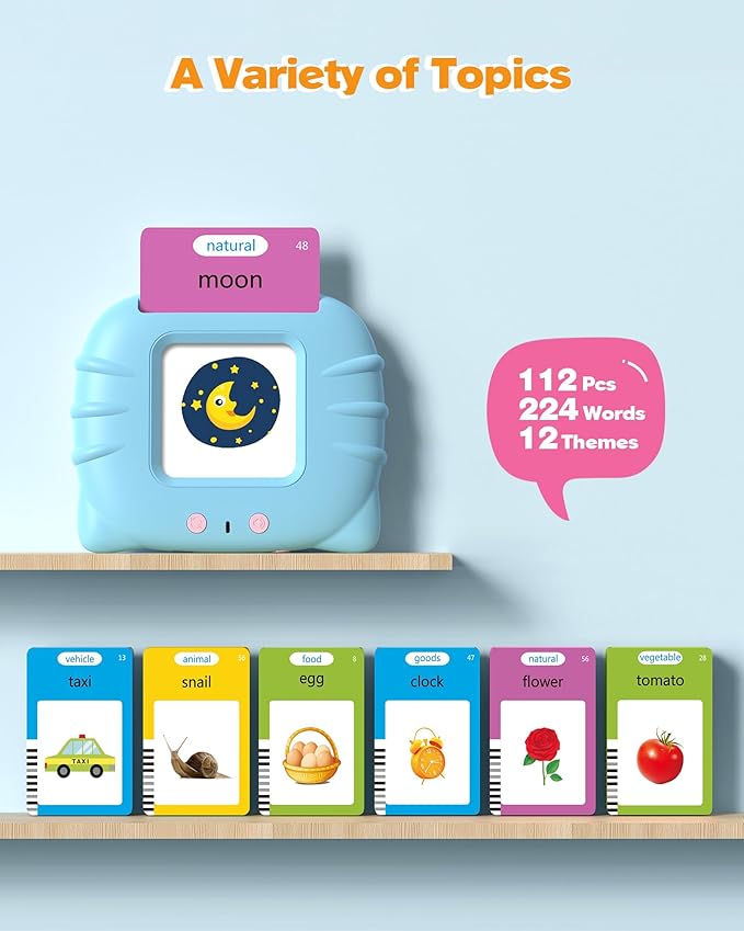 Talking Flash Cards for Toddlers 1 2 3 4 Year Olds, Montessori Language Learning with 224 Words, Pocket Speech Therapy Tools, and Speech Development Educational Playthings for Children