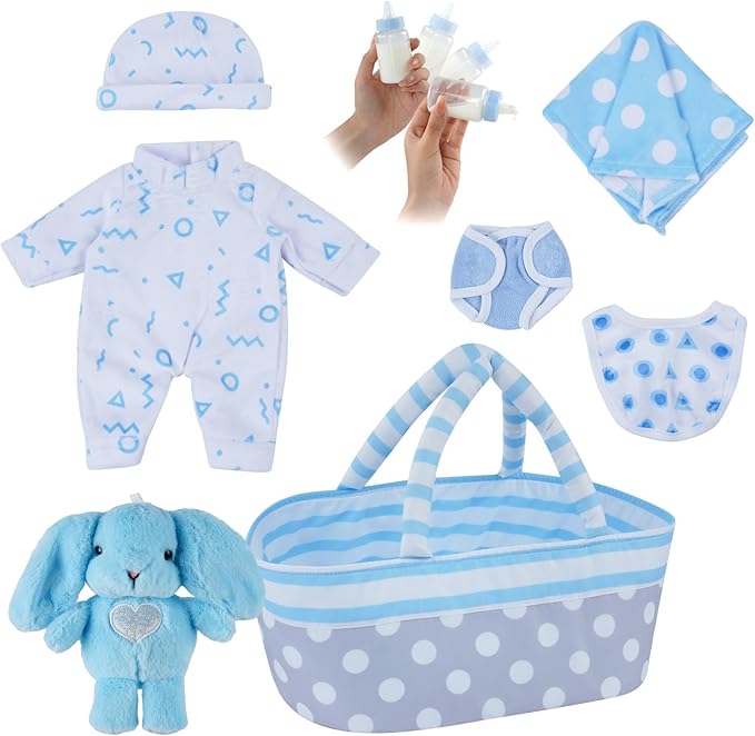 BABESIDE 8 Pcs Baby Doll Clothes Set with Bassinet for 8-10-12 Inch Dolls, Cute Baby Doll Clothes and Accessories Set for Realistic Babydolls Boy, Blue