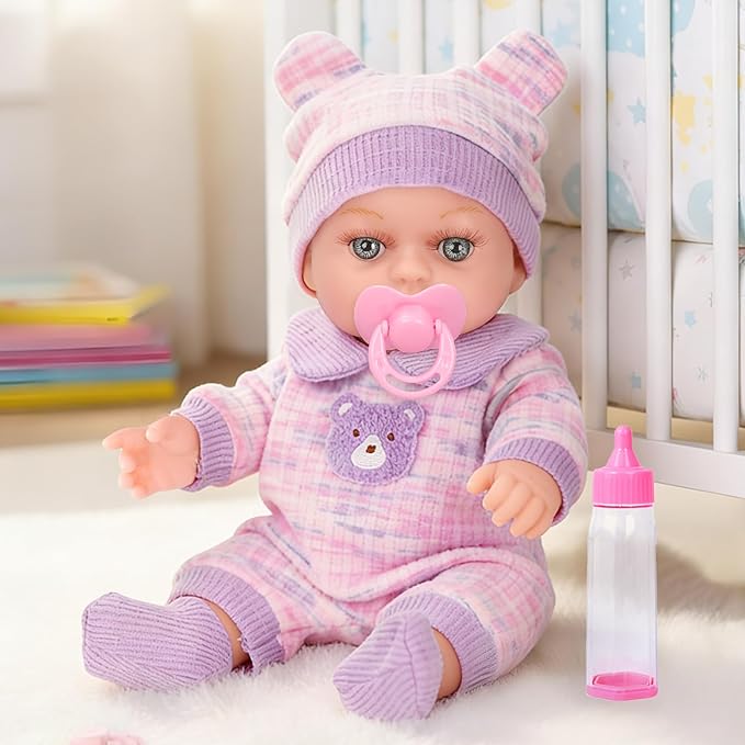 12'' Baby Doll with Bear Pattern Backpack in Gift Box,Including Clothes Accessories, Backpack, Baby Bottle, Pacifier, Hat, Socks, and Handkerchief for 3+ Child Girls Gifts