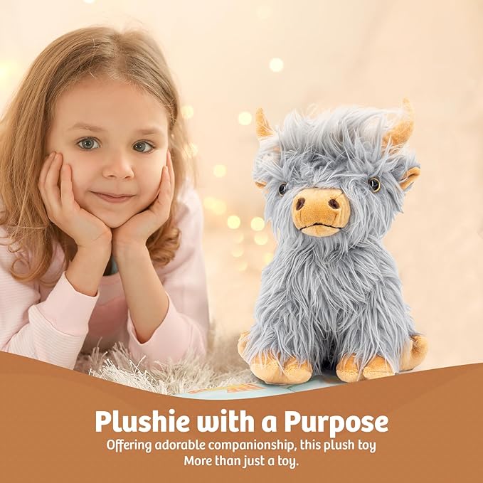 Marysun Highland Cow Stuffed Animal Toy Non-Microwavable Gray Stuffed Animal Gift for Girls and Kids