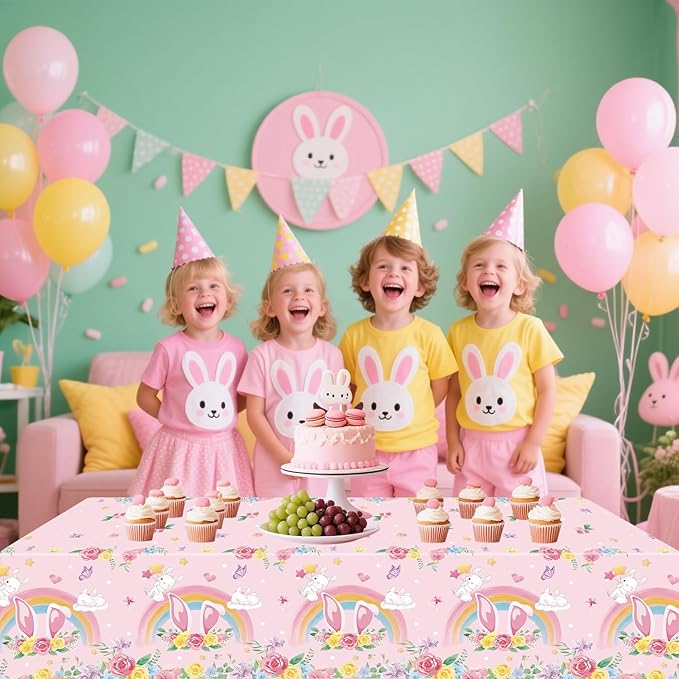 4 Pack Pink Bunny Party Tablecloth Supplies, Rabbit Rectangle Plastic Tablecloth for Rectangle Tables Gilrs Birthday Party Supplies Favors 51'' X 86''
