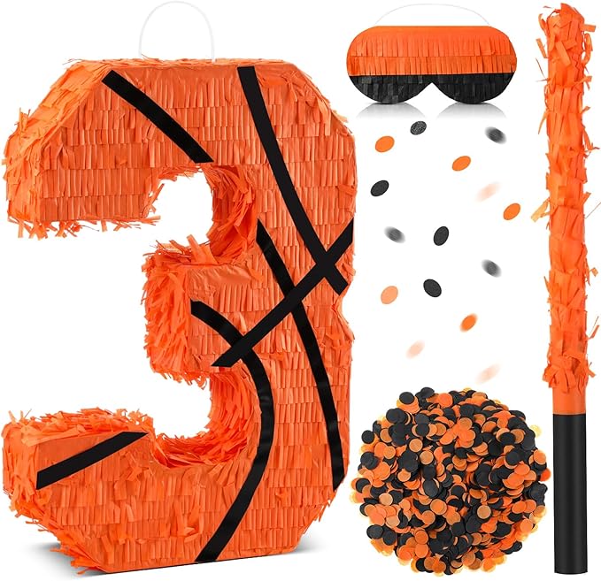 Soulchen Basketball Number 2 3 4 8 Pinata Basketball Party Decorations 16 Inch Piñata with Blindfold Stick and Confetti for Birthday Sports Theme Party Supplies Centerpiece(Number 3)