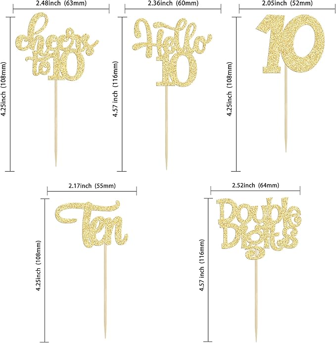 30Pcs 10th Birthday Cupcake Toppers Ten Double Hello 10 Cupcake Picks Cheers to 10 Years Old Cake Decorations for 10th Birthday Party Supplies Gold Glitter