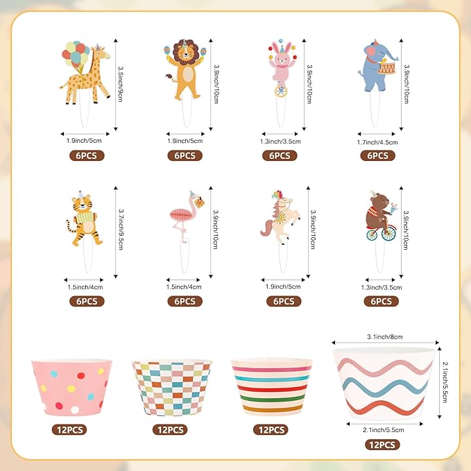 48 Pack Circus Animal Cupcake Toppers and Wrappers, Carnival Party Cake Decoration for Animal Theme Birthday Party Baby Shower Supplies