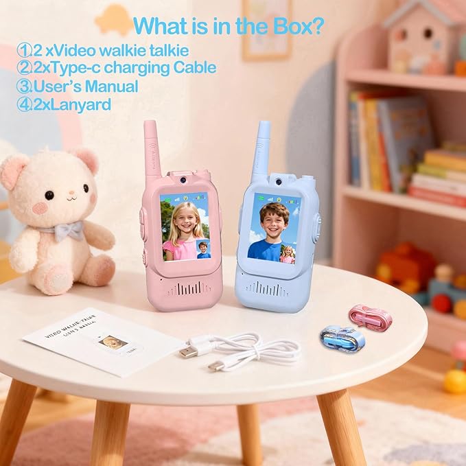Video Walkie Talkie Toys for Kids, 2 Pack Rechargeable Long Range Two Way Radios Walkie Talkies with Screen，Toys for Family Games, Outside, Camping, Hiking，for Ages 3-12 Blue+Pink